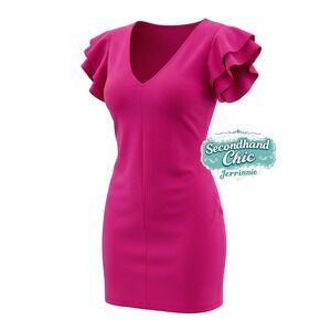Hot Pink Ruffle Sleeve V-Neck Mini Dress Fuchsia Sheath Cocktail Party Medium